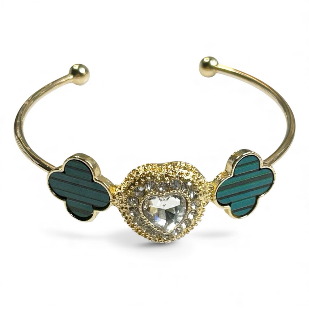 Luxury Designer Inspired Green Clover Faux Malachite Heart Gold Tone Bracelet